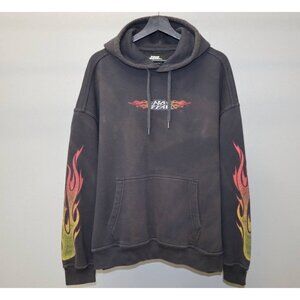 Y2K No Fear Baggie Hoodie M Black Flames Sleeves Graphic Vintage Streetwear 90s